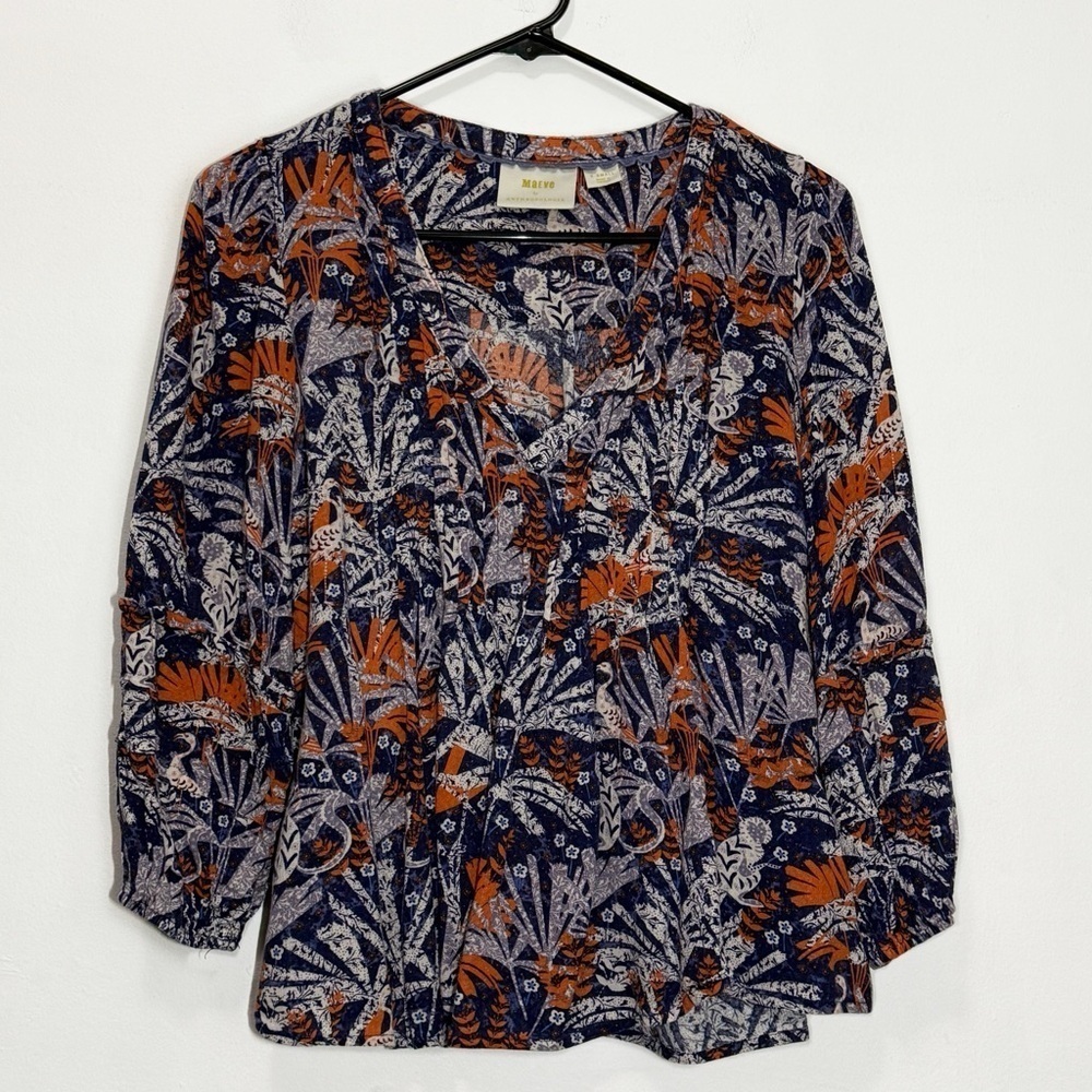 Maeve Anthropologie Cathy Pleated Blue Jungle Boho Y2K Top size XS - Picture 2 of 8